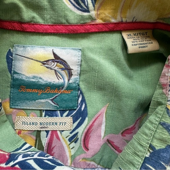 Tommy Bahama Mens Camp Shirt XLX Green Hawaiian Silk Cotton Island Modern Fit - Picture 3 of 7